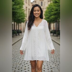 Boho style White shirt Crochet Beach Cover up Slip Dressing